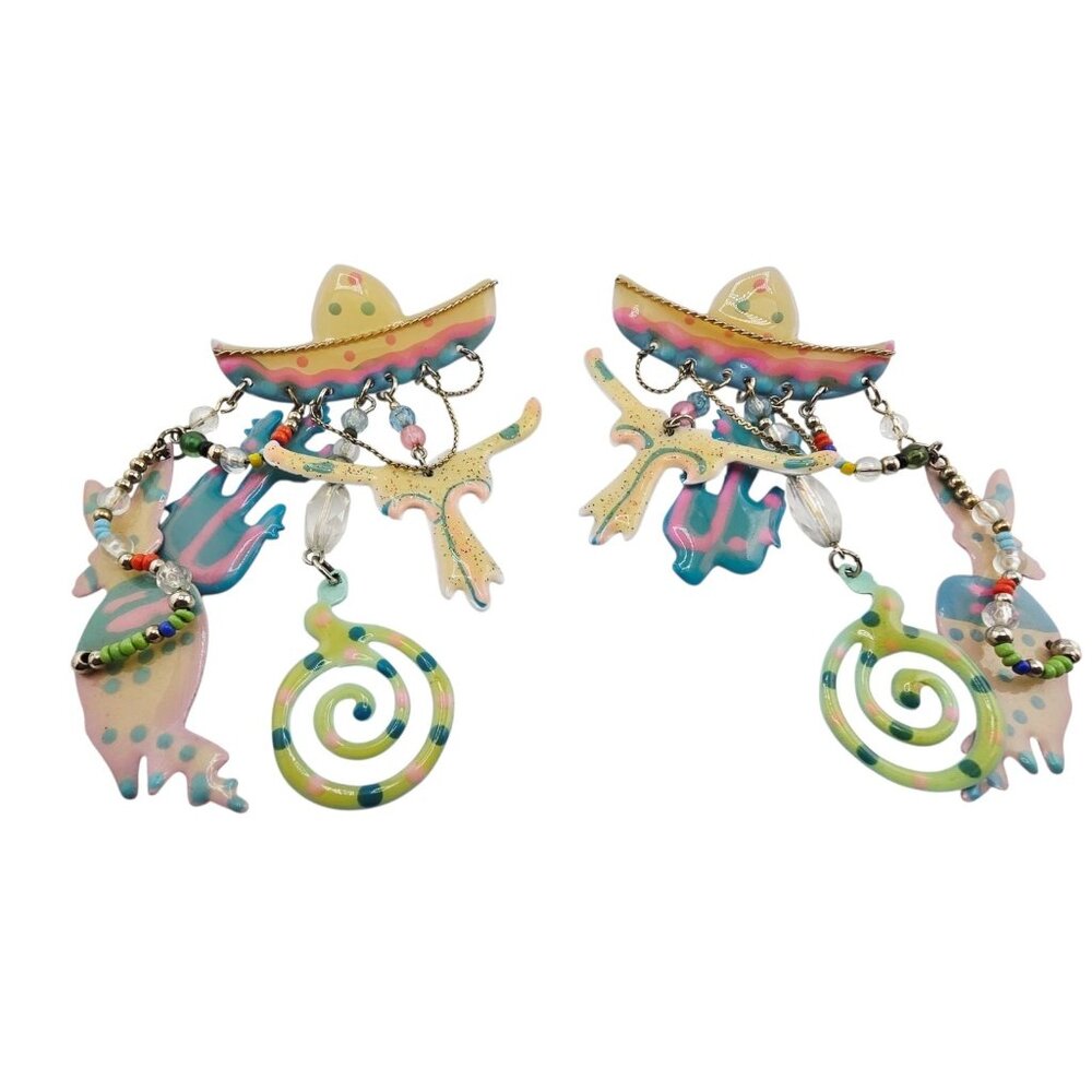 Vintage Southwestern 80s Pierced Enamel Charm Earrings (A8779)